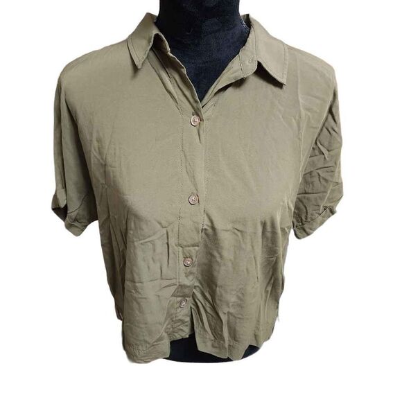 Old Navy Green Large Collared Cropped Rayon Top - Picture 1 of 9